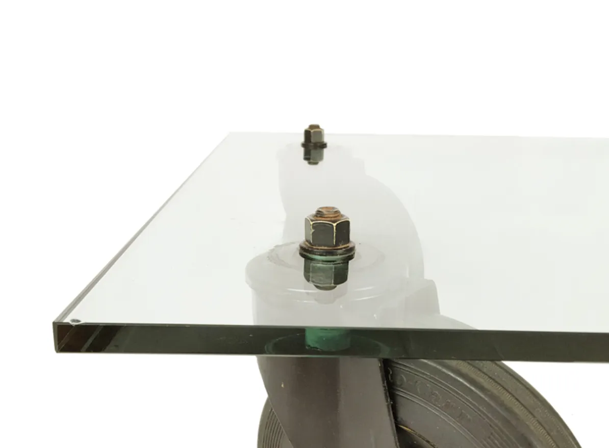 photo furniture Glass, Metal & Rubber Wheeled Coffee Table Attributed To Gae Aulenti For Fontana Arte, 1980s