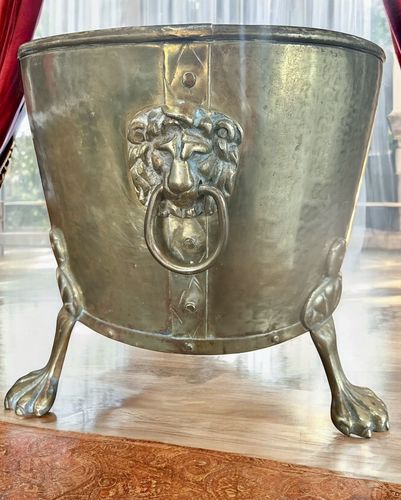 19th Century English Brass Oval Log Coal  Planter Riveted Bucket  Lion Detail photo for sale