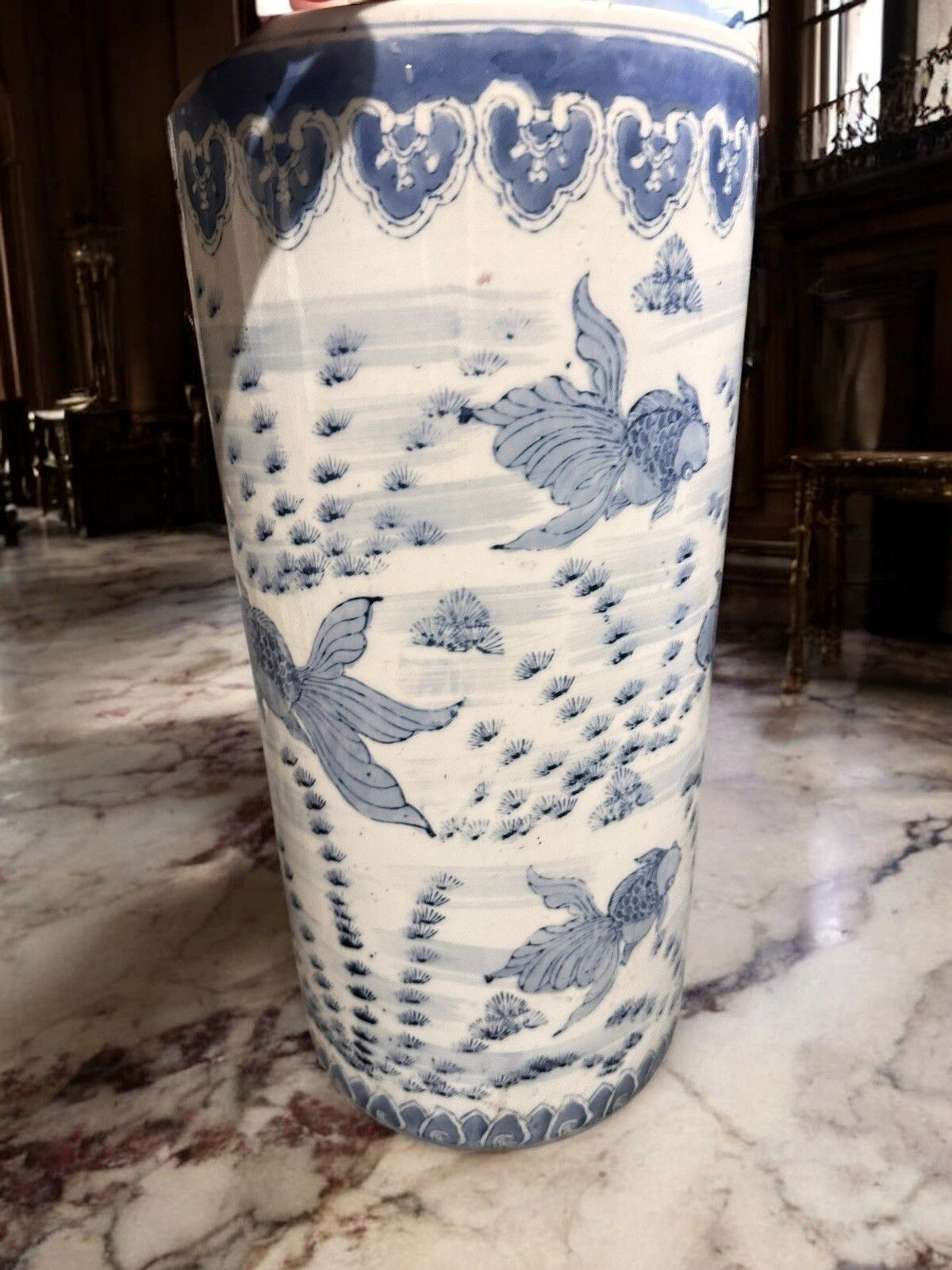 20th Century Chinese Blue & White Carp / Fish Cylinder Umbrella Stick Stand 18” photo Home Decor