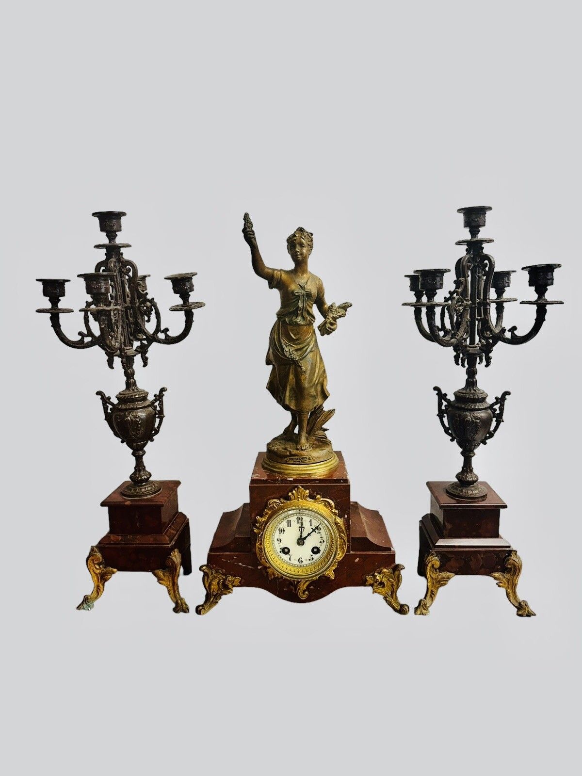 19th Century French Rouge Marble Mantel Clock With Candelabra Garnitures photo furniture