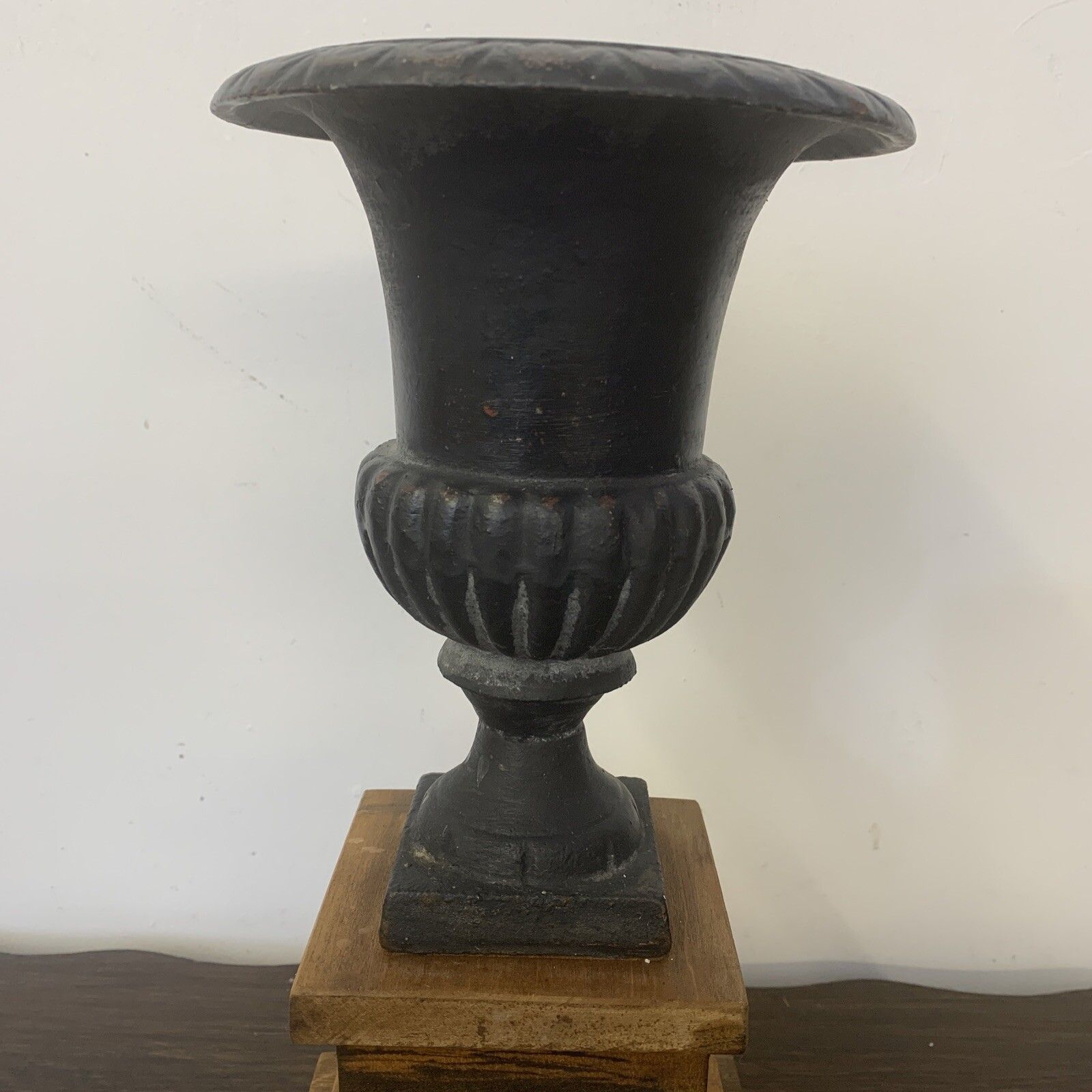Antique Vintage Cast Iron Miniature Medici Urn On Wooden Plinth photo furniture