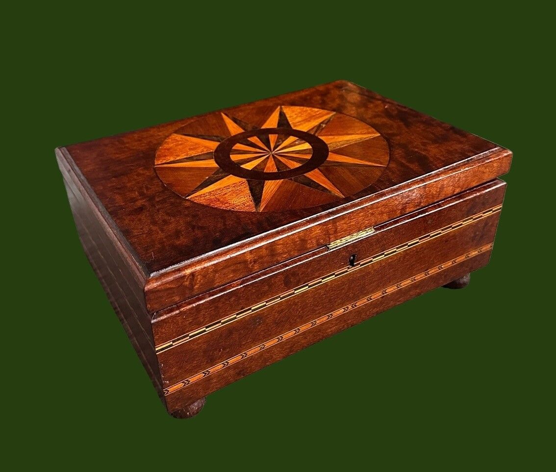 Gorgeous Antique Wooden Box Inlaid Marquetry With Compass Detail