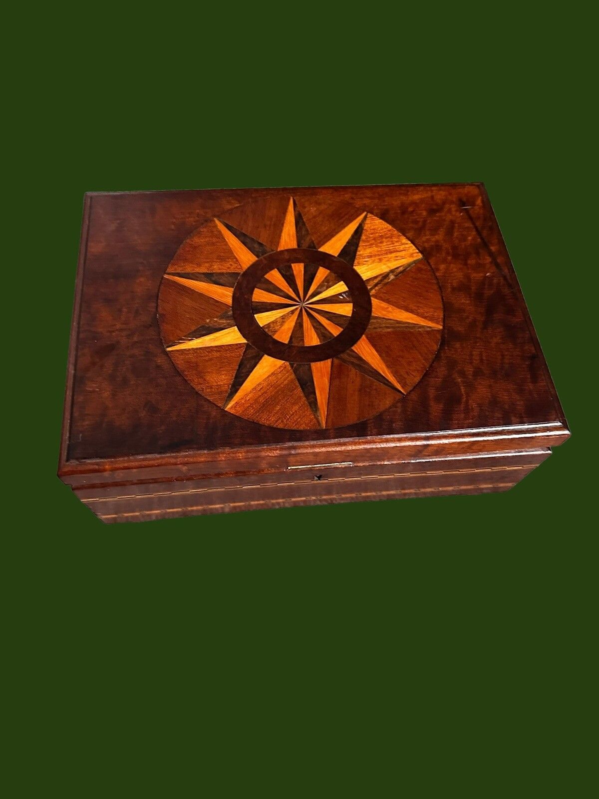 Gorgeous Antique Wooden Box Inlaid Marquetry With Compass Detail photo Home Decor