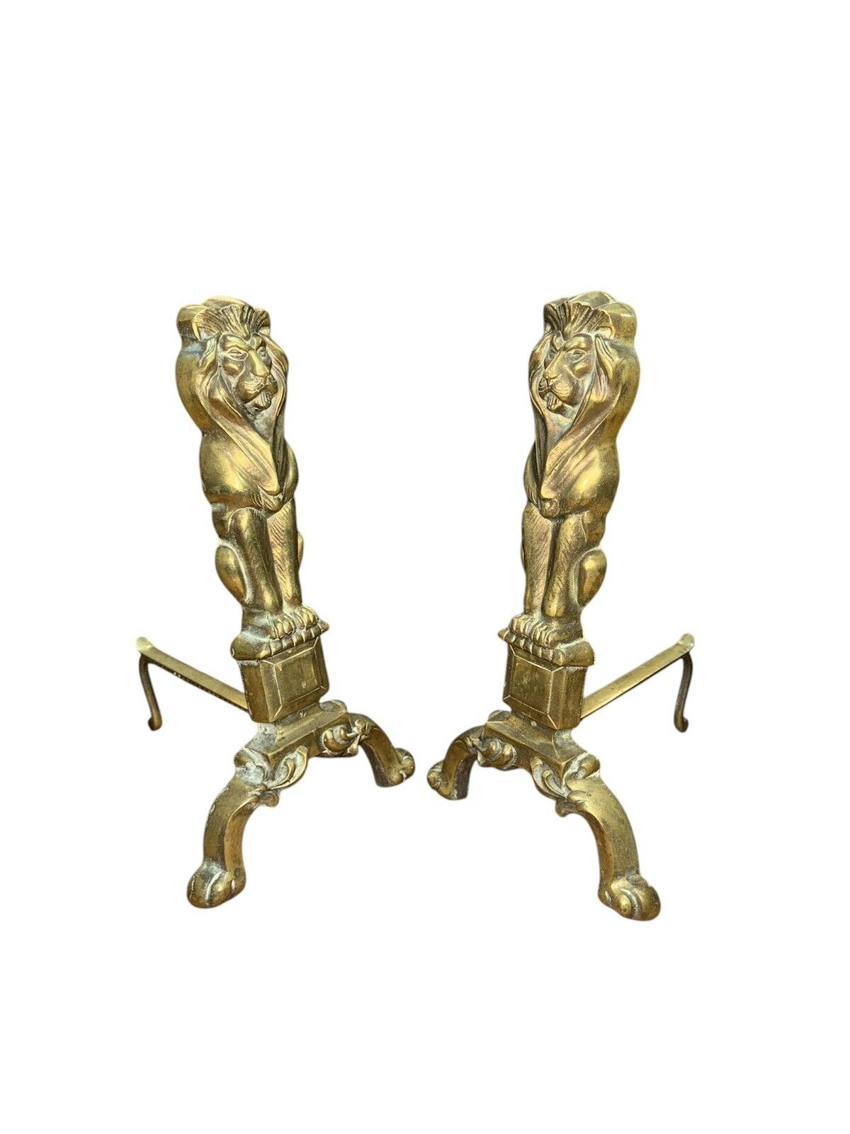 Pair Of Victorian English Brass Lion Andirons Fire Set Country House photo furniture