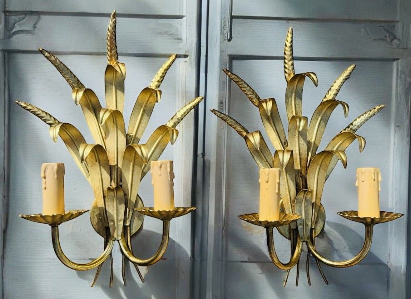Pair Of Italian Mid Century Gilt Metal Wheatsheaf Wall Light