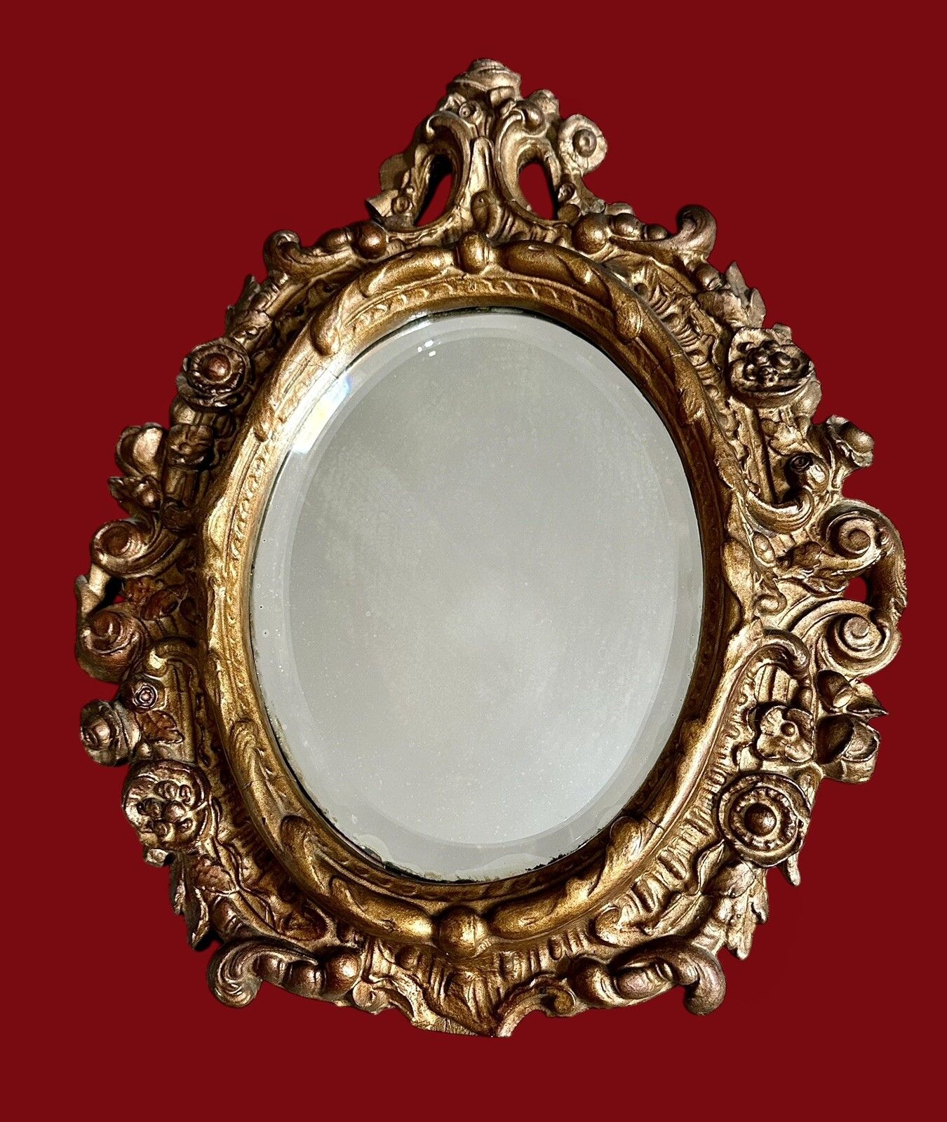 19th Century Baroque French Gilt Rococo Mirror Bevelled Glass Oval Beauty photo furniture
