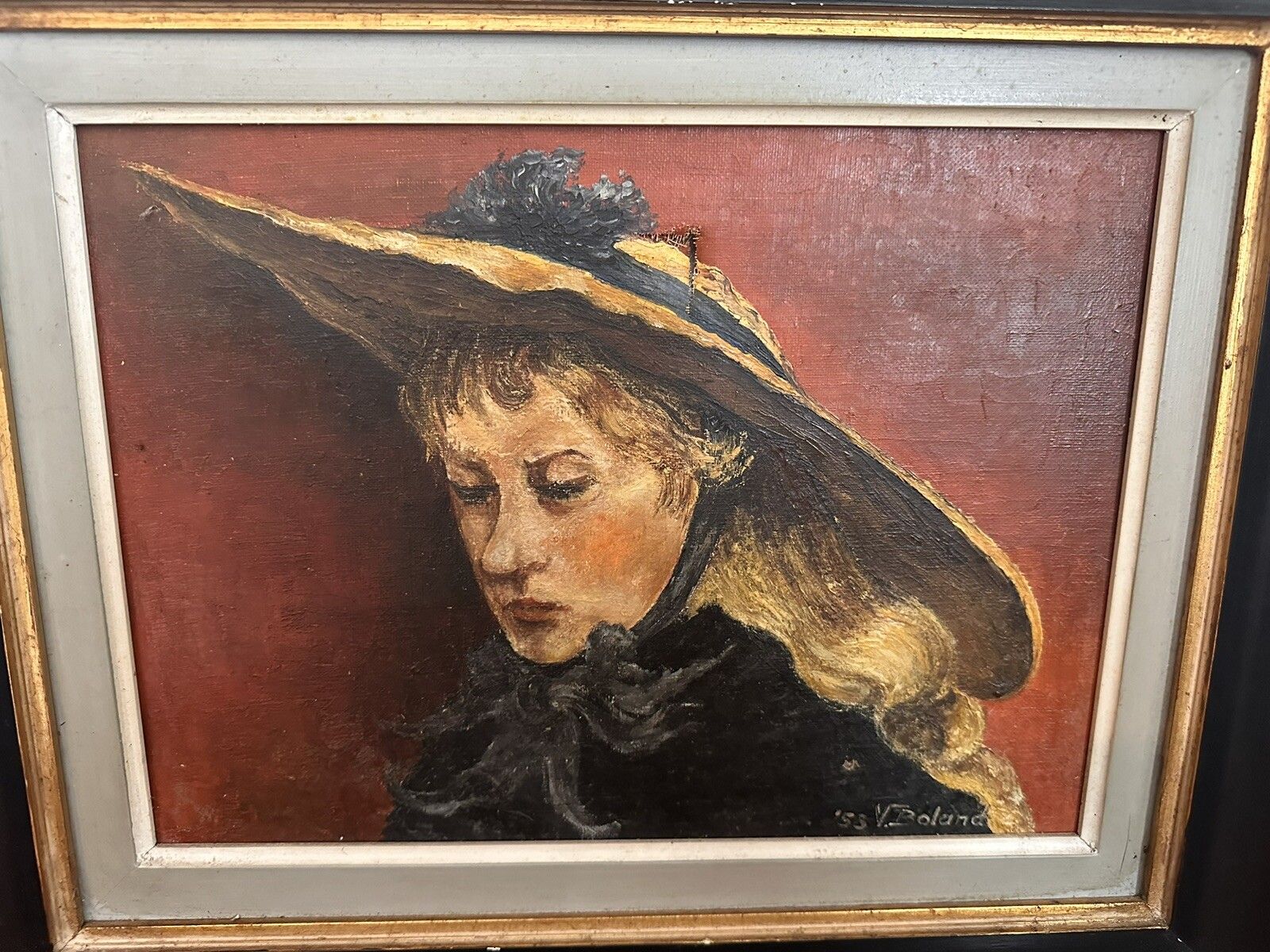 Mid Century 1955 Signed Oil Of Canvas Beautiful Lady With A Hat  46.5cm By 38cm photo furniture