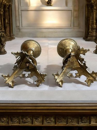 Pair Of 19th Century Bachelet Paris Pricket Alter Church Candle Sticks C1860 photo vinterior