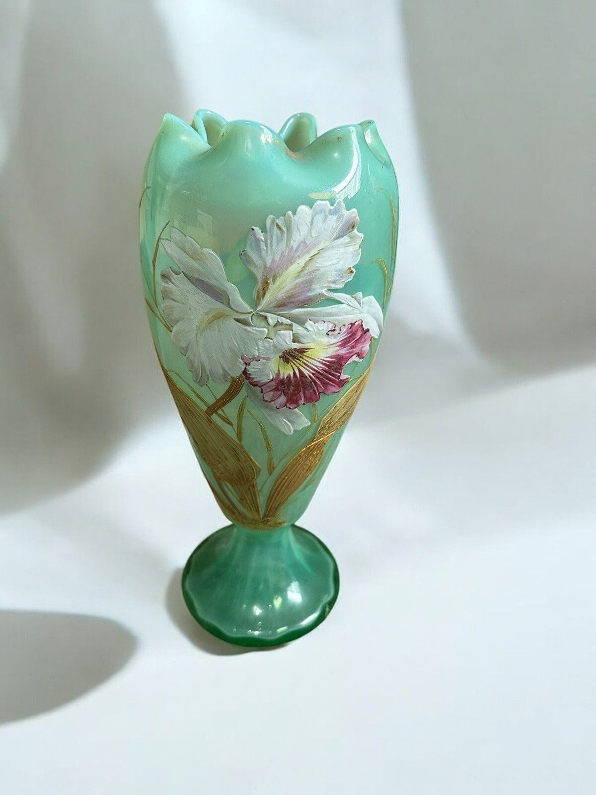 Large Art Nouveau Vase Mouth Blown Art Glass . 1880 1900 Floral Enamel Paint photo for sale
