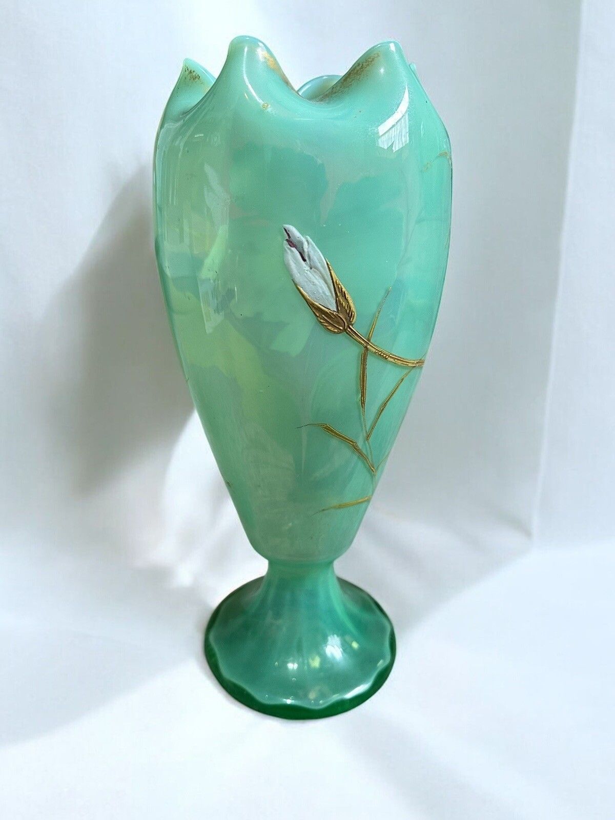 Large Art Nouveau Vase Mouth Blown Art Glass . 1880 1900 Floral Enamel Paint photo 195.0