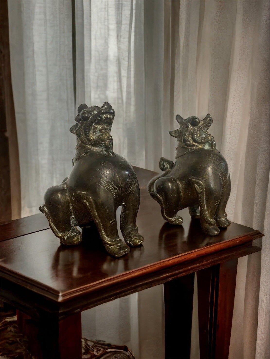 Superb Antique 19th Century Bronze Oriental Pair Of Dogs Of Foe