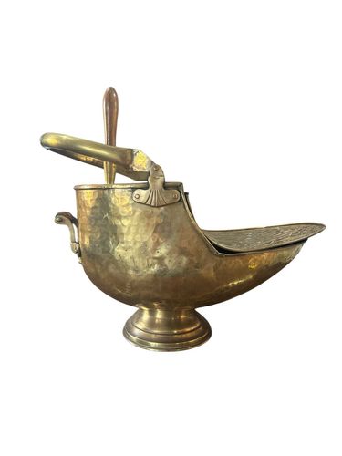 Victorian Coal Scuttle Brass Fireside Bin With Integral Copper Shovel photo for sale