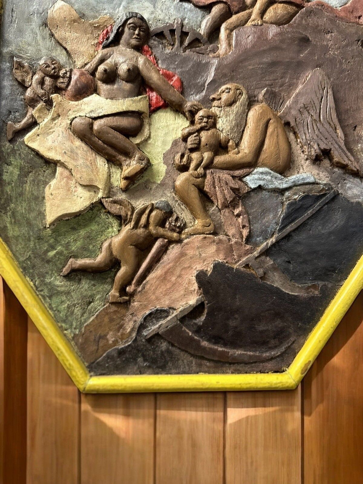 Antique Original Wooden Carved Wall Plaque Venus And Cupid. photo 125.0
