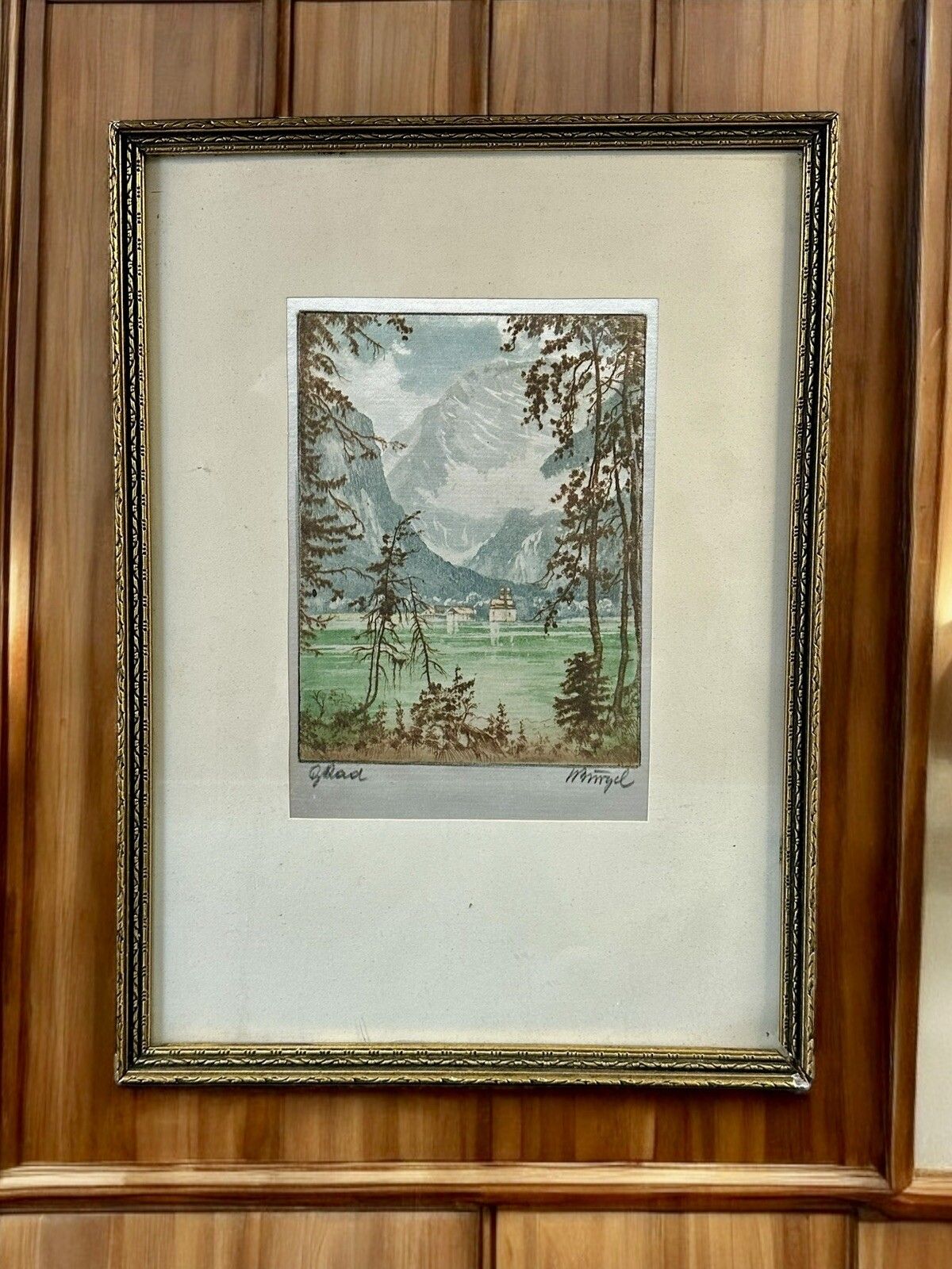 Vintage Signed Painting On Silk French Alps Scene 37cm By 27cm