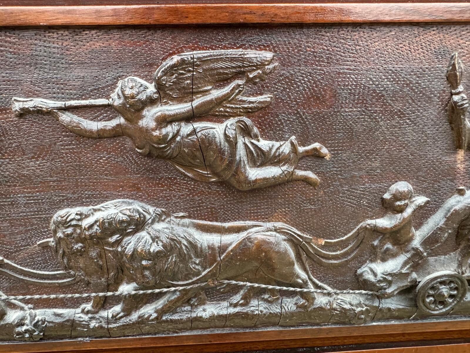 Antique Outstanding Over Mantle Mirror Classical Chariot Frieze Putti photo vintage
