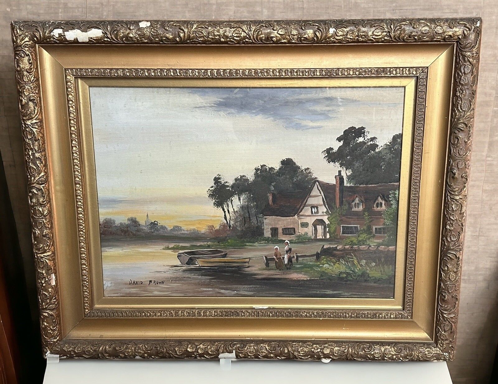 Antique 19th Century English Landscape Scene Oil On Canvas Signed photo furniture