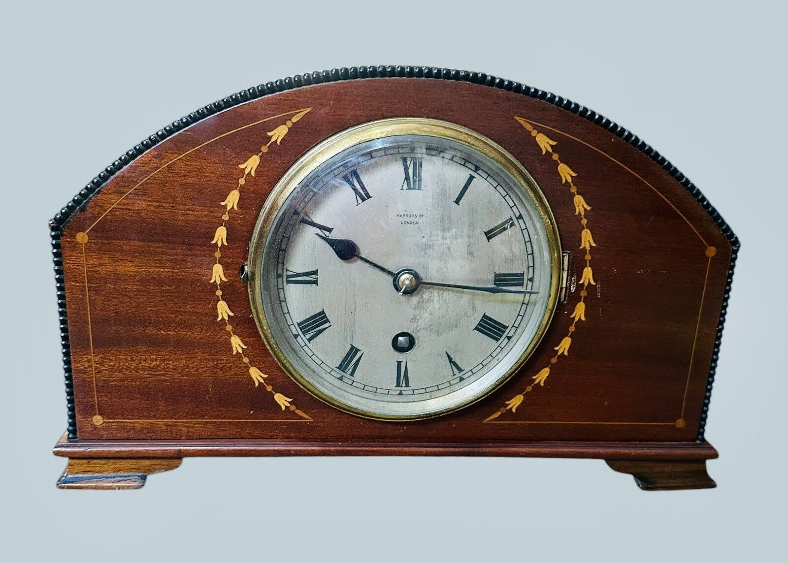 Edwardian Harrods Of London Inlaid Half Moon Mantle Timepiece Clock photo furniture
