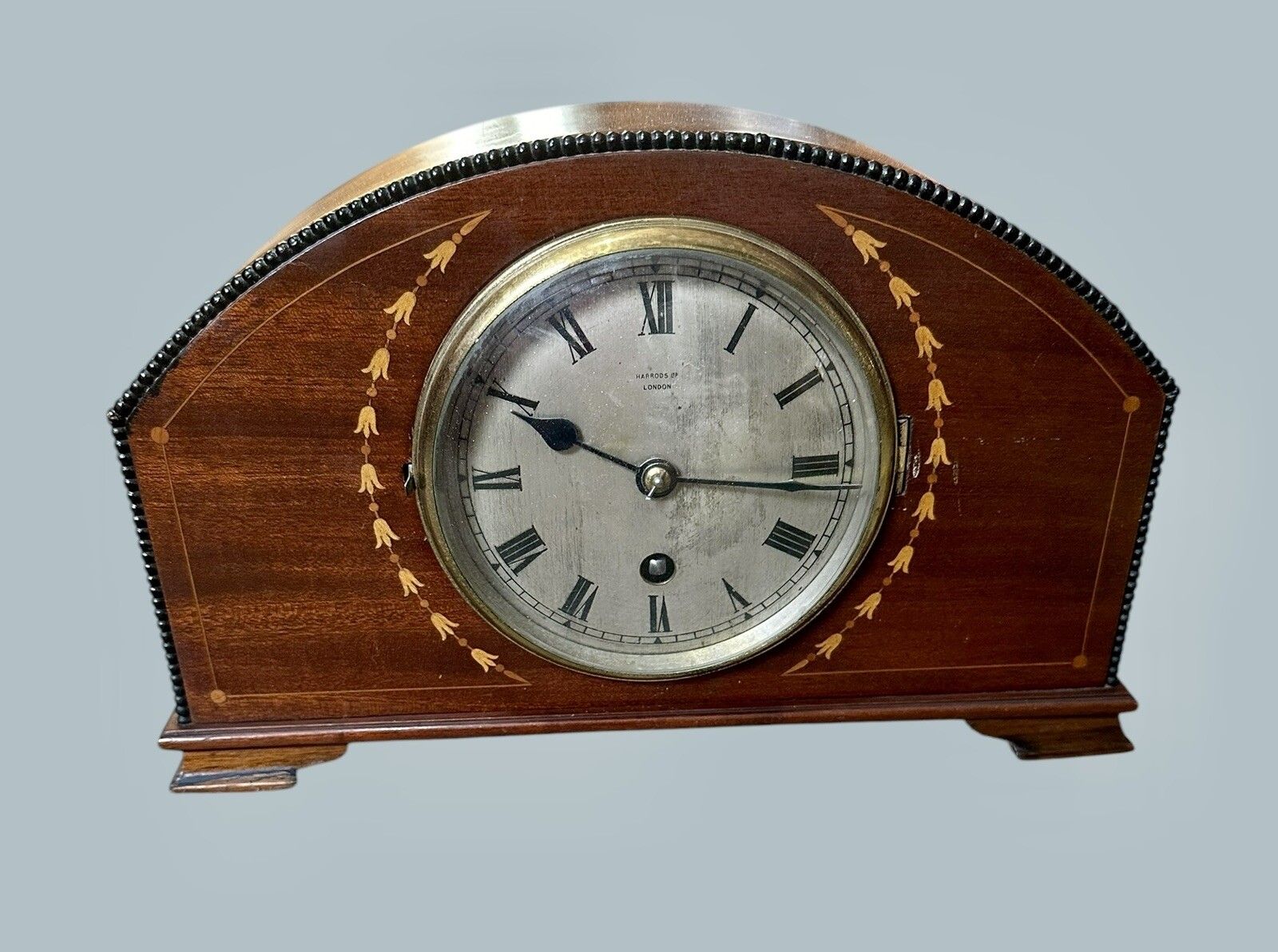 Edwardian Harrods Of London Inlaid Half Moon Mantle Timepiece Clock photo for sale