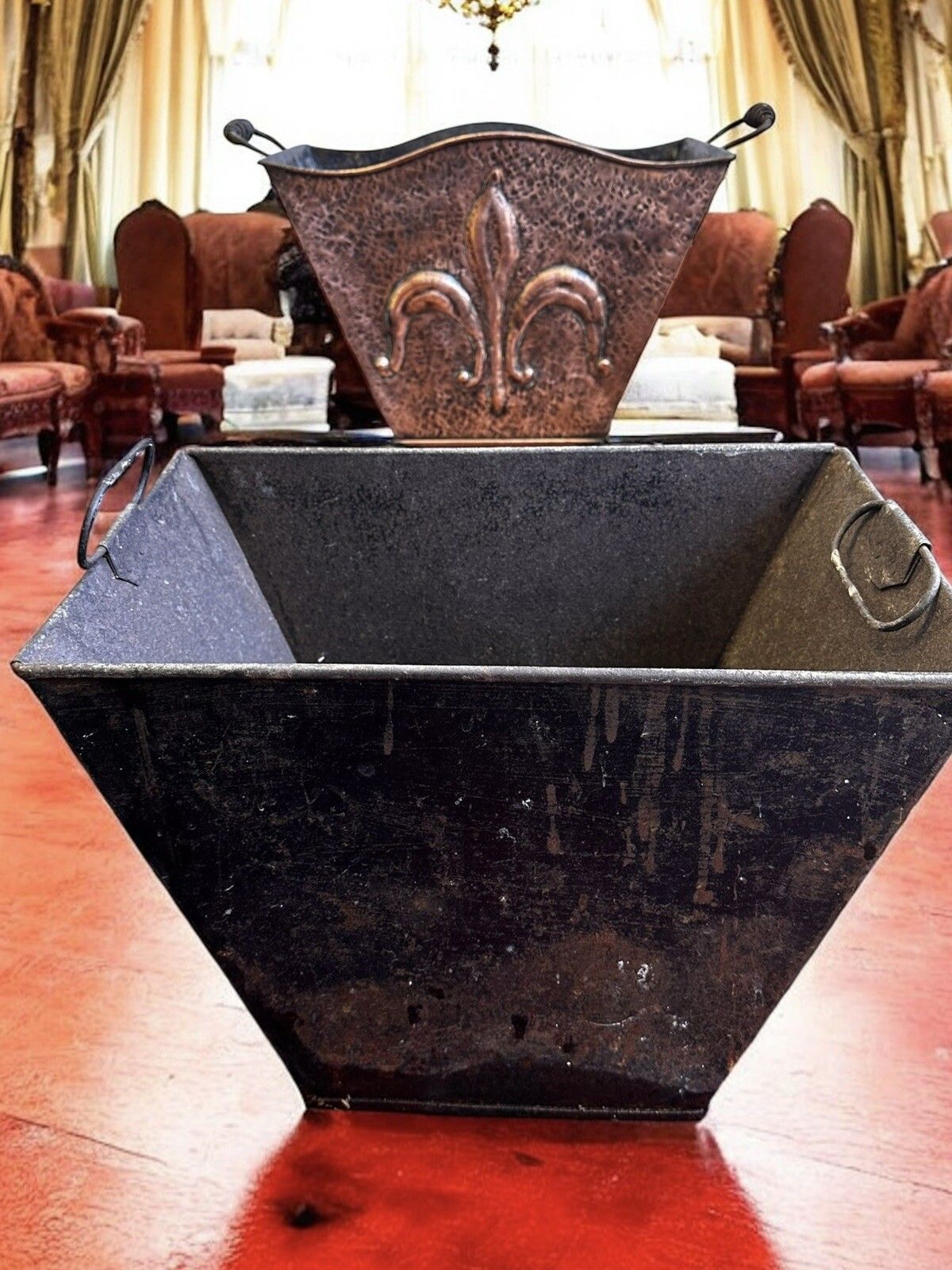 Arts And Crafts French Copper Fleur De Lis  Coal Bucket Period Property photo vinterior