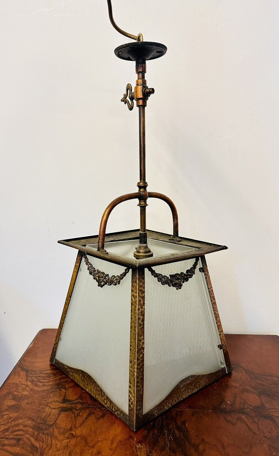 Art Nouveau C1900’s Hand Beaten Copper Large Lantern Four Glass Shades