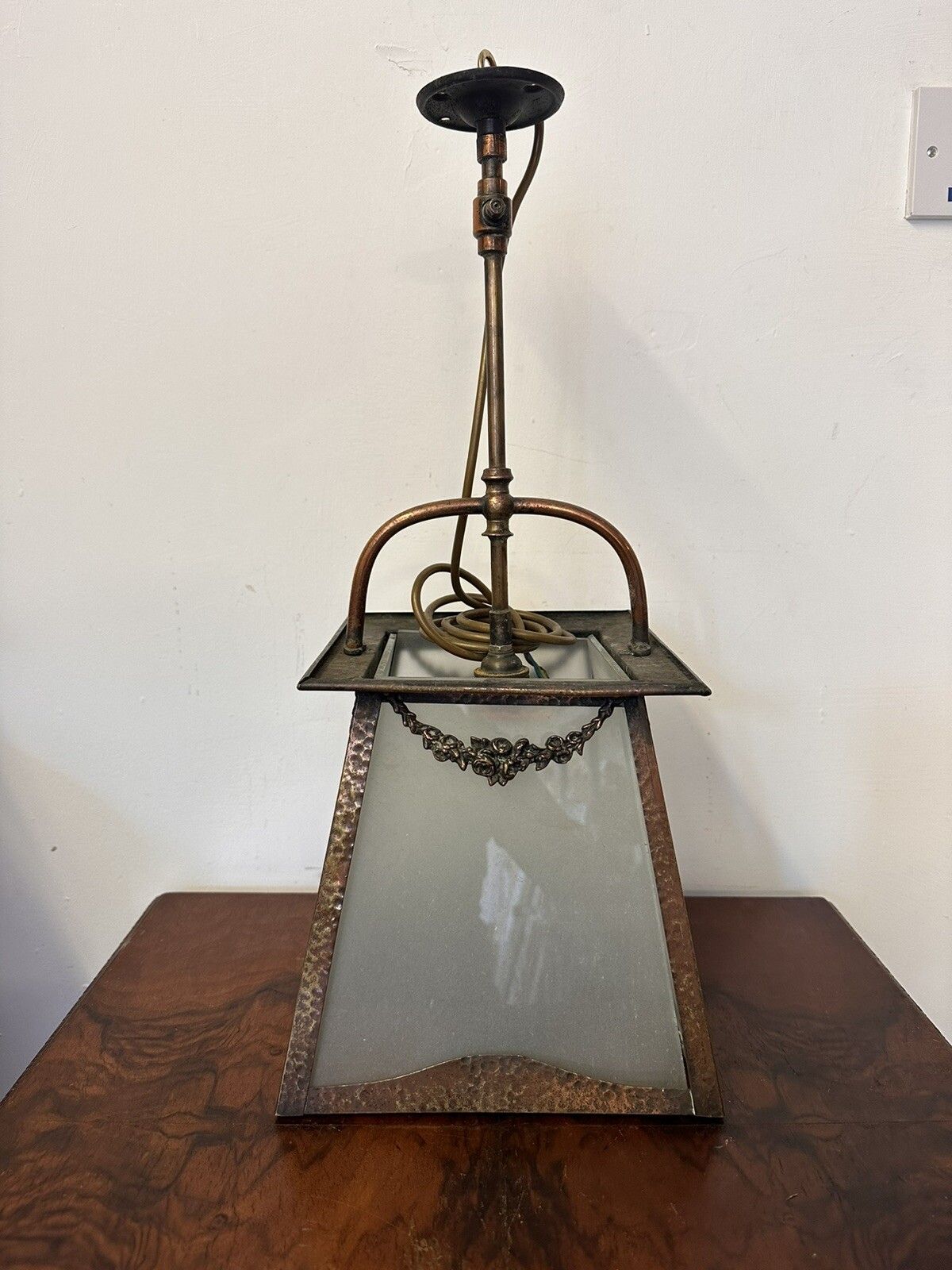 Art Nouveau C1900’s Hand Beaten Copper Large Lantern Four Glass Shades photo furniture