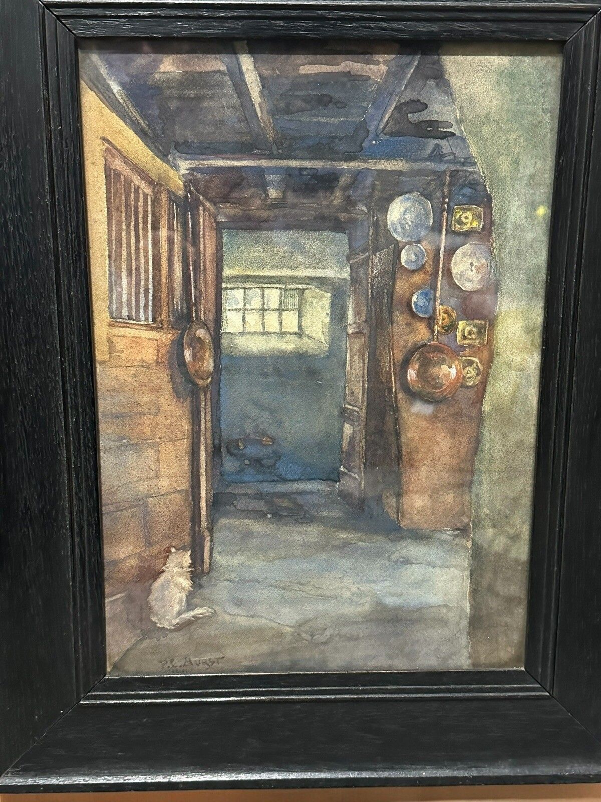 C1900’s English Antique Watercolour Country House With Cat Signed By Artist photo 120.0