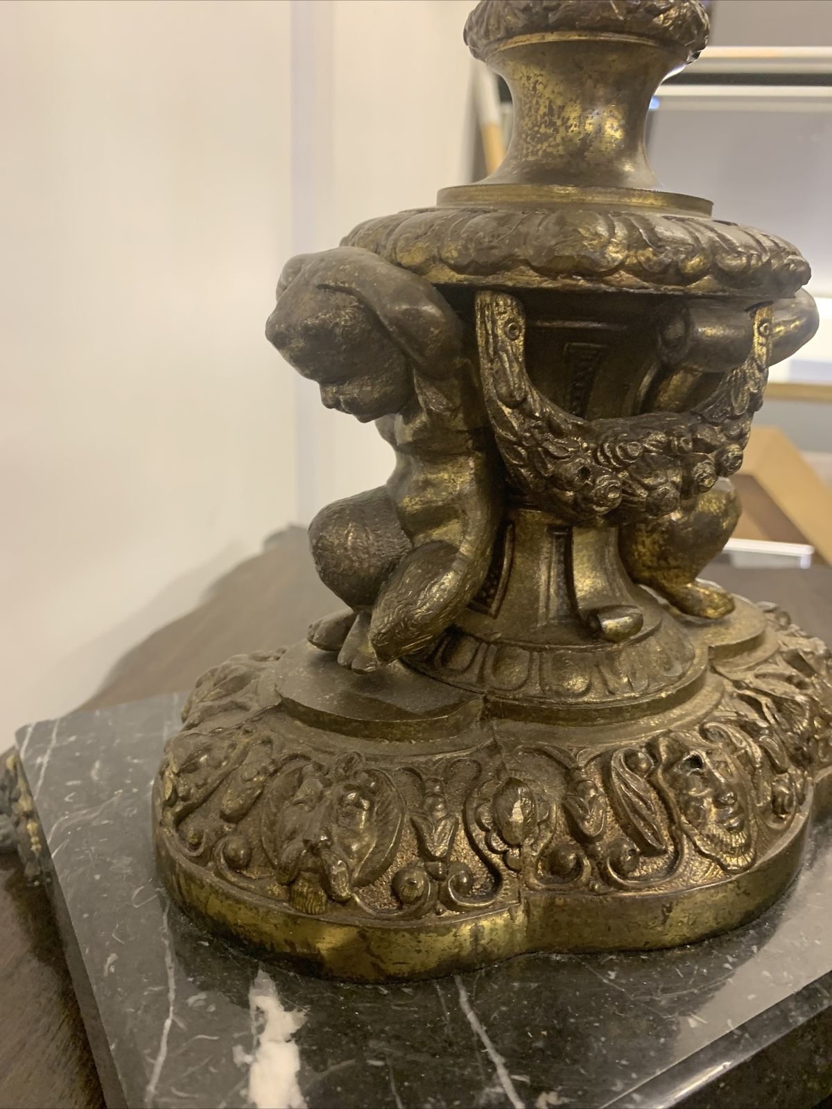 Antique Exquisite French Huge Bronze And Marble Cherub Table Lamp photo for sale