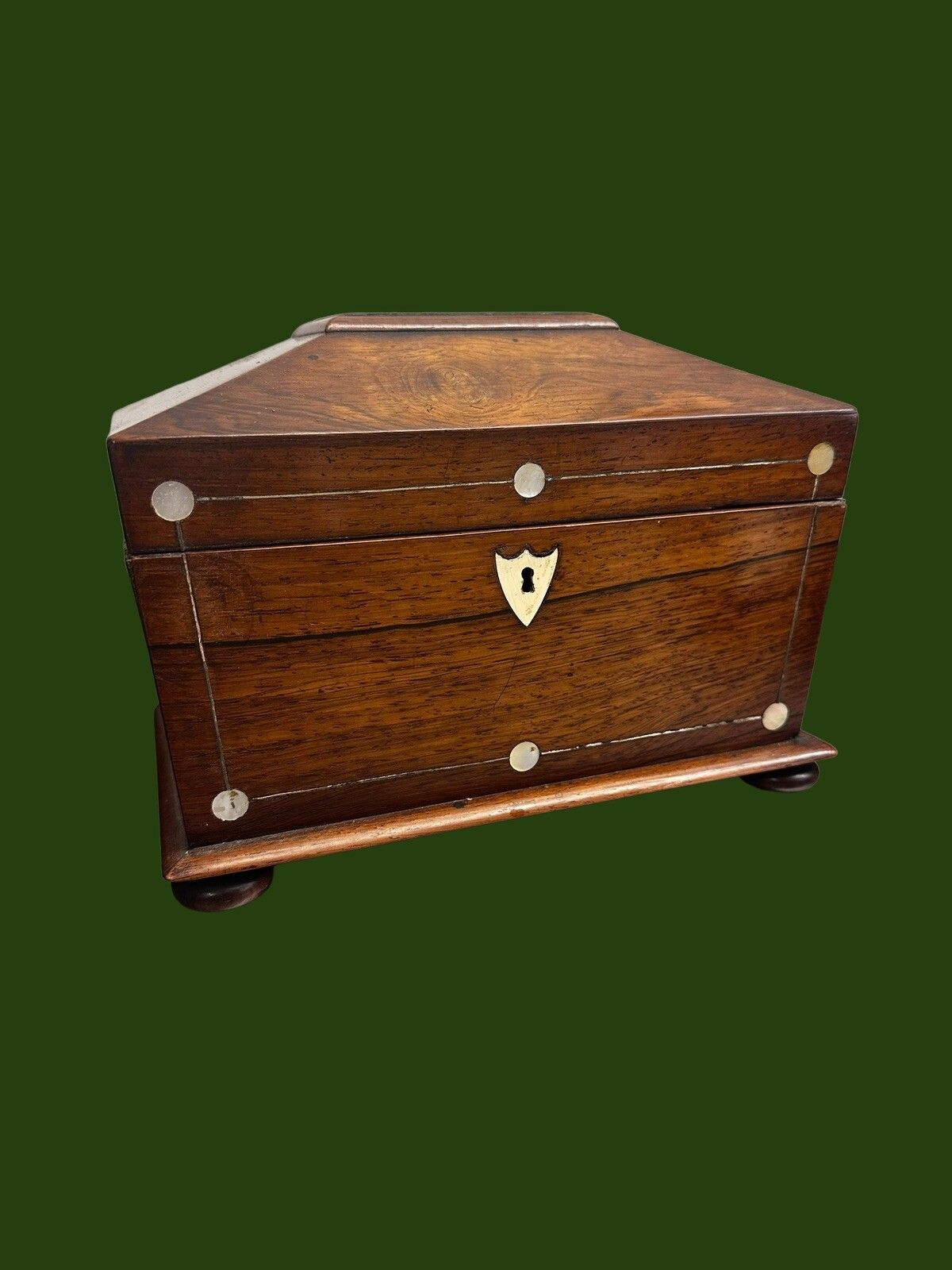 Early 19th Century Regency Mother Of Pearl Inlaid Tea Caddy Of Sarcophagus Form