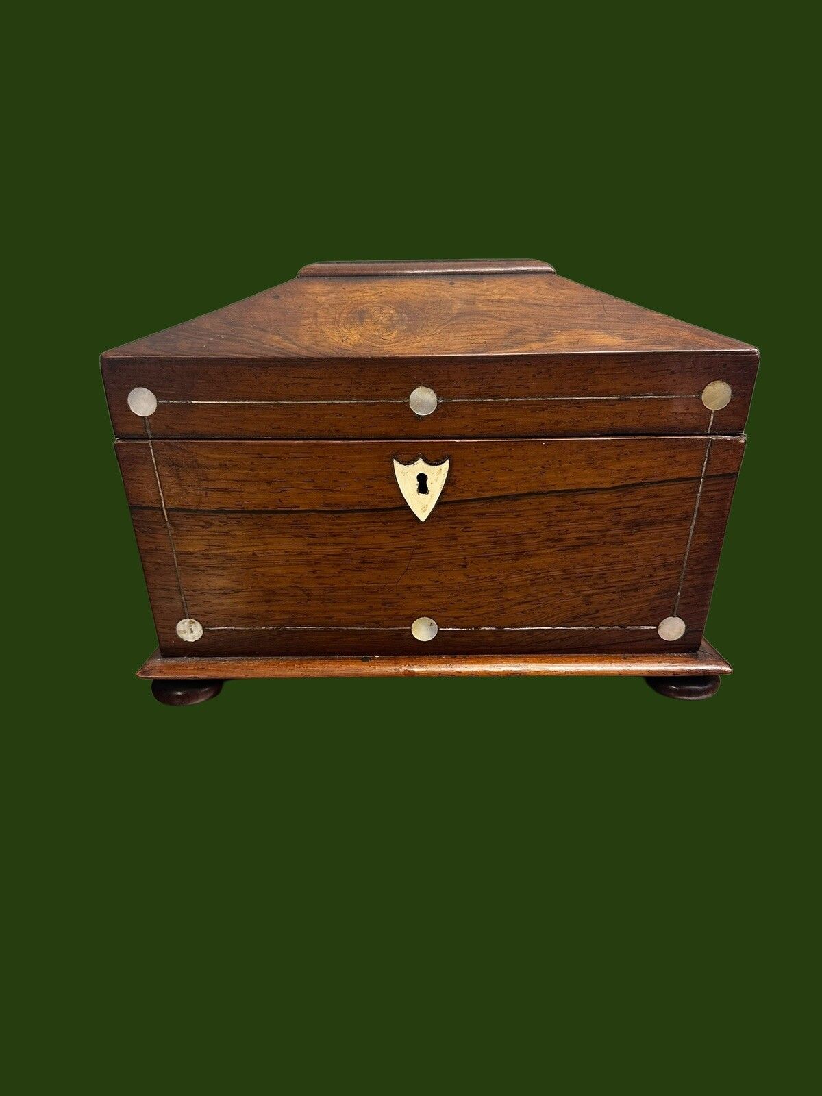 Early 19th Century Regency Mother Of Pearl Inlaid Tea Caddy Of Sarcophagus Form photo furniture