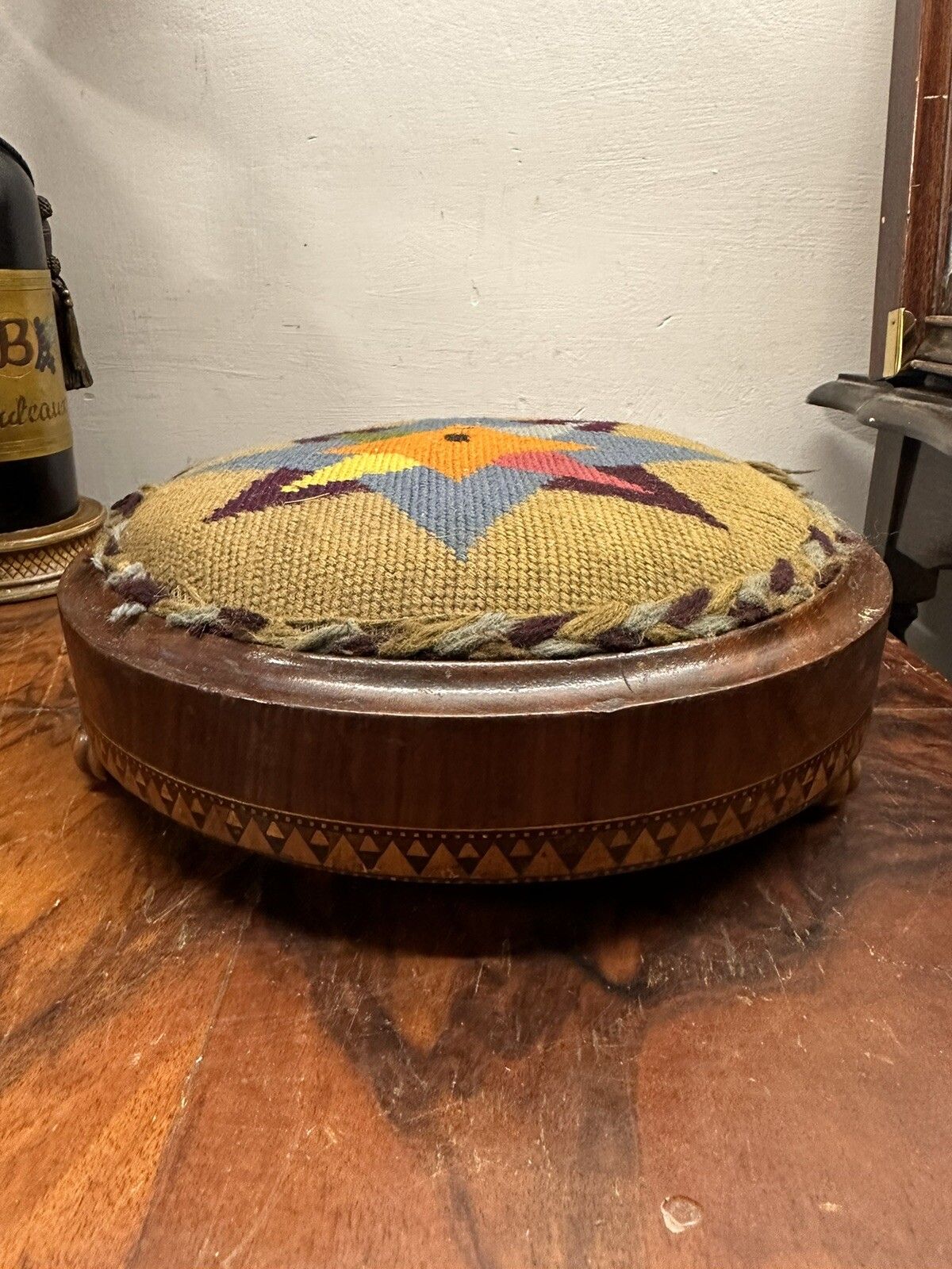 Antique English Foot Stool Tunbridge Ware Inlay Design And Tapestry Top photo furniture