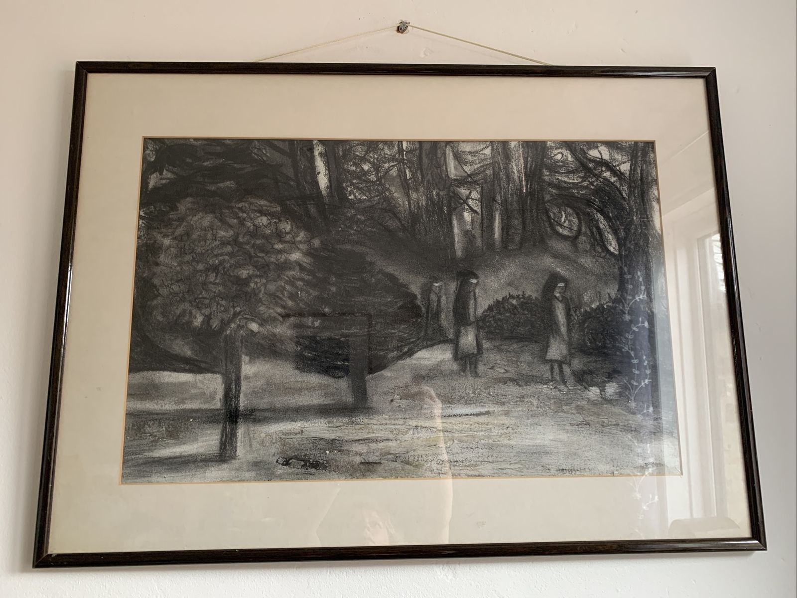 Superb Vintage Mid Century Large Signed Charcoal Picture Nuns