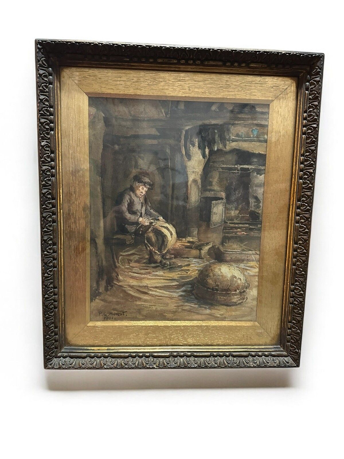 Painting Signed 1911 Basket Making Scene Fabulous Original Framed And Glazed photo furniture