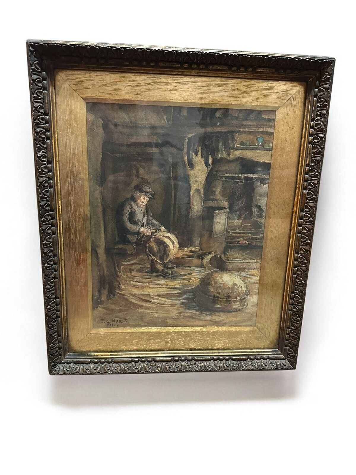 Painting Signed 1911 Basket Making Scene Fabulous Original Framed And Glazed photo for sale