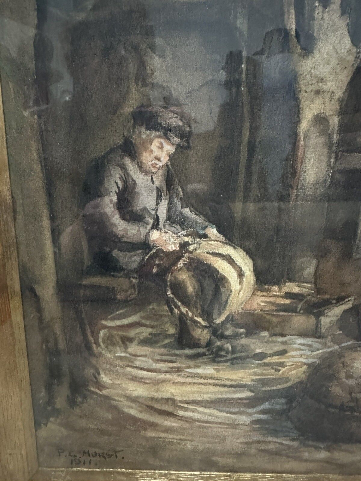 Painting Signed 1911 Basket Making Scene Fabulous Original Framed And Glazed photo 195.0