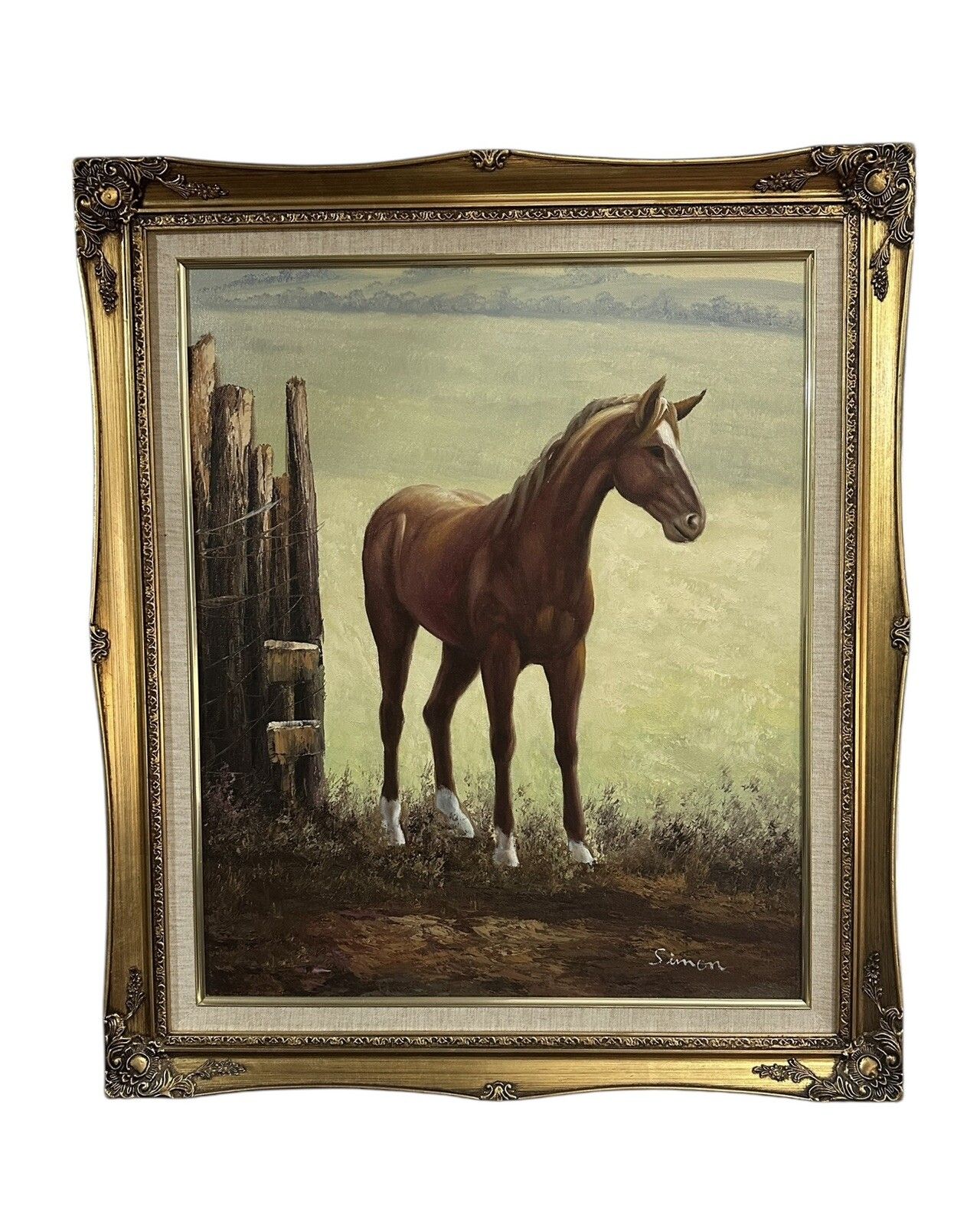 Mid Century Signed Oil On Canvas Horse Equestrian Scene 75cm By 65cm photo for sale