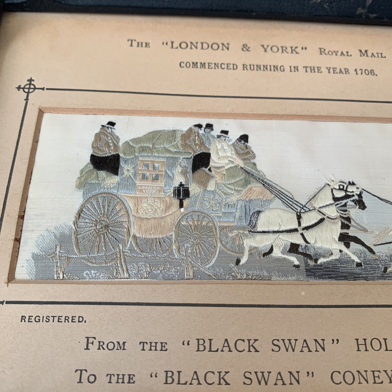 Antique Stevengraph Woven Silk Picture Stevens Royal Mail Coach York Exhibition photo for sale