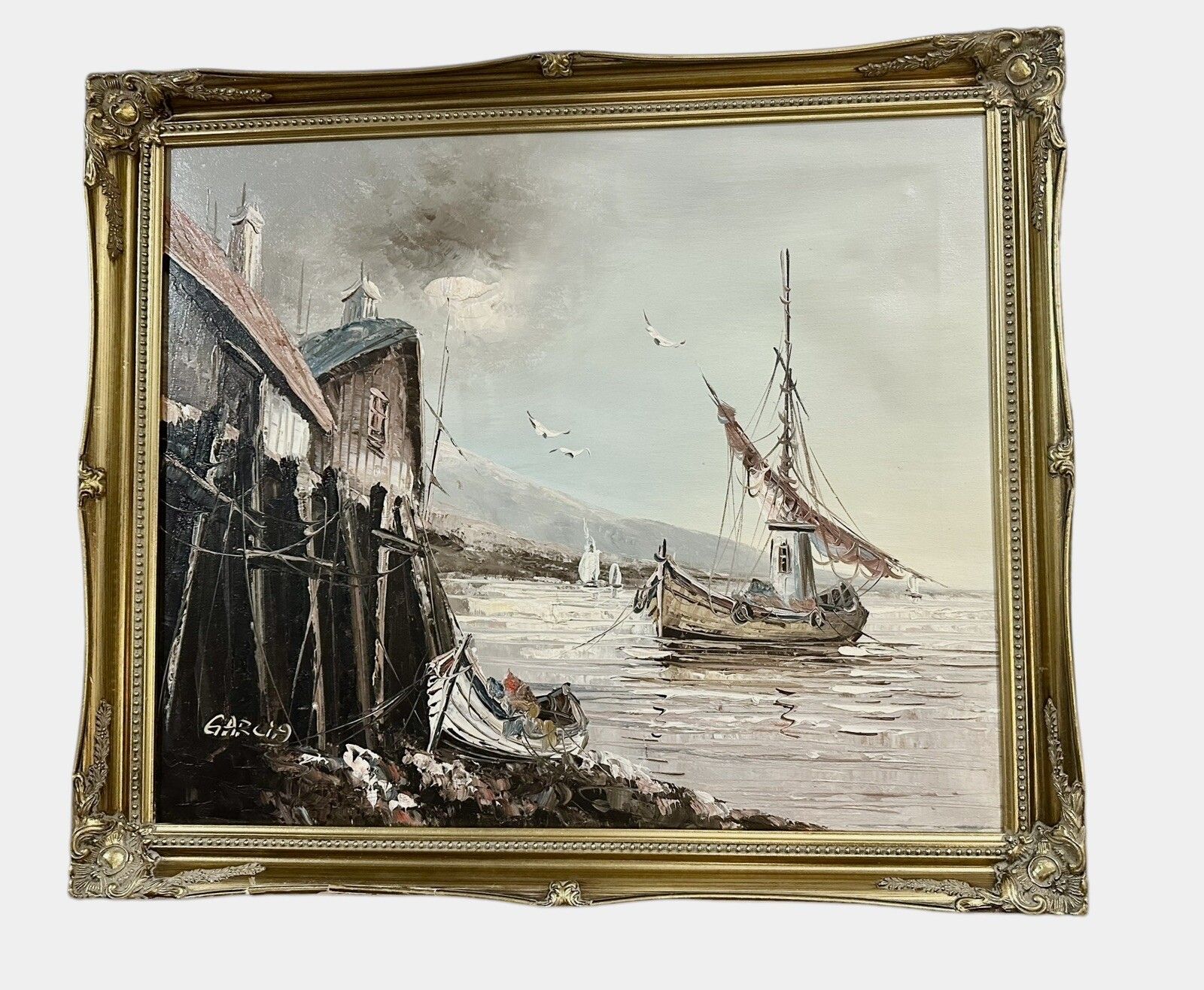 Original Oil Painting Danny Garcia Signed Nautical Scene 69cm By 59cm photo furniture