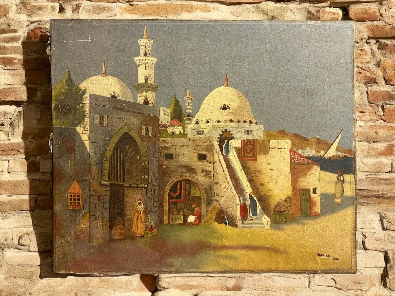Large Antique 1920’s Oil On Canvas Islamic Mosque Interest H Neville / 77x64cm