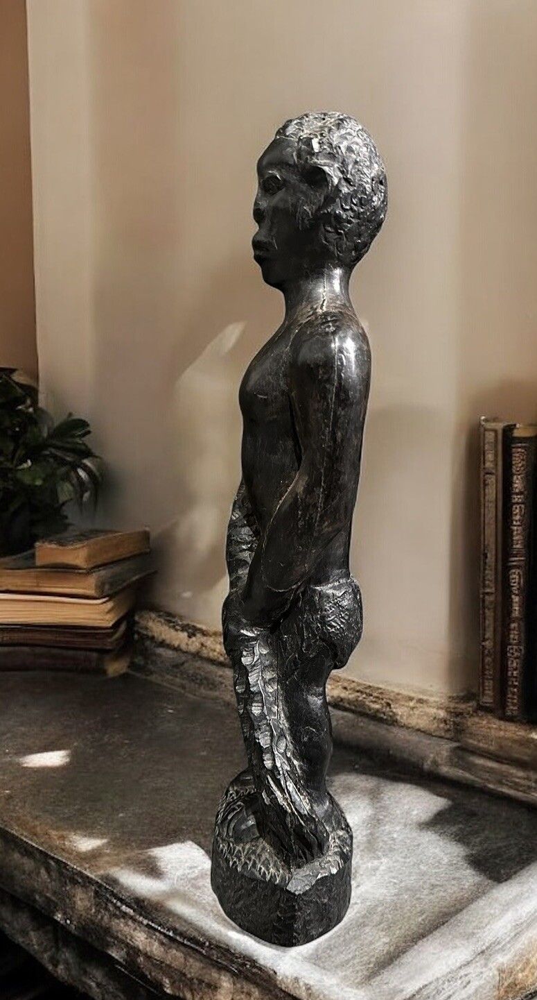 Antique Old Wooden Hand Carved Black African Tribal Man Figure Sculpture photo for sale