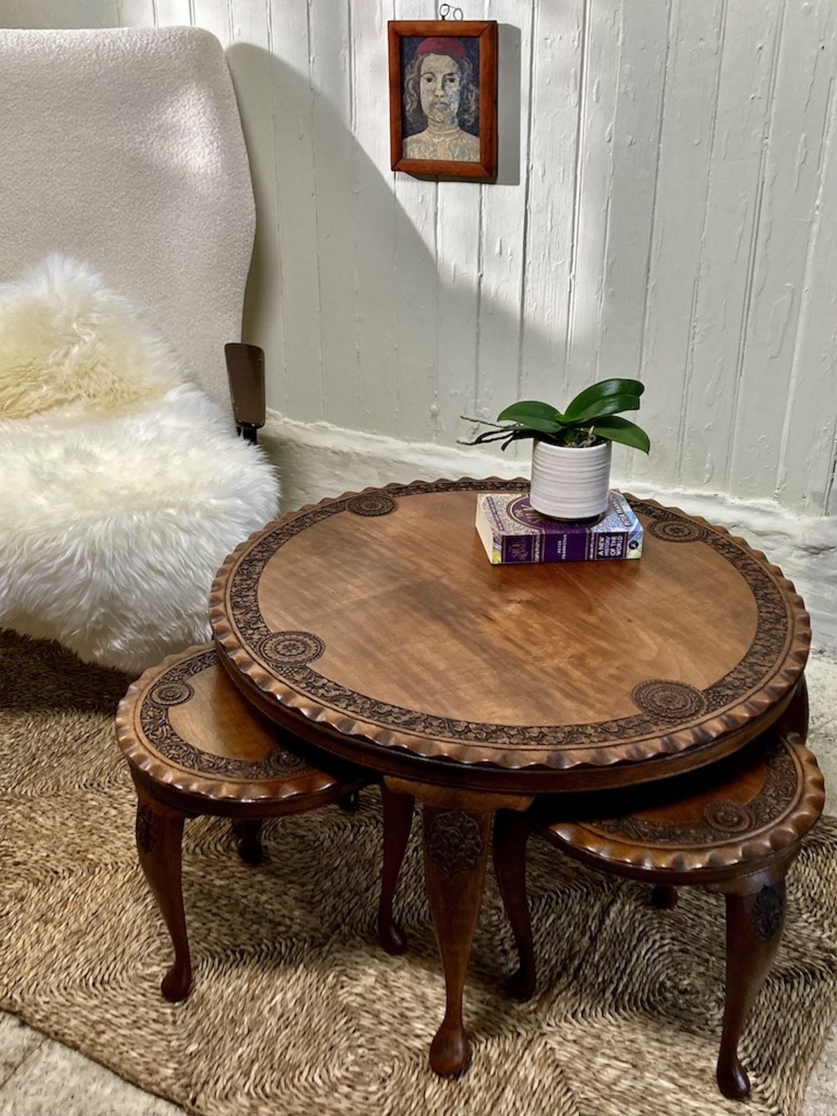 A 1930's Anglo Indian Circular Teak Carved Coffee Table With A Nest Of 4 Smaller Side Tables photo furniture