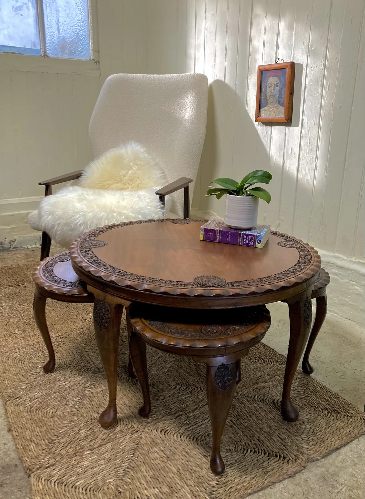 A 1930's Anglo Indian Circular Teak Carved Coffee Table With A Nest Of 4 Smaller Side Tables photo for sale