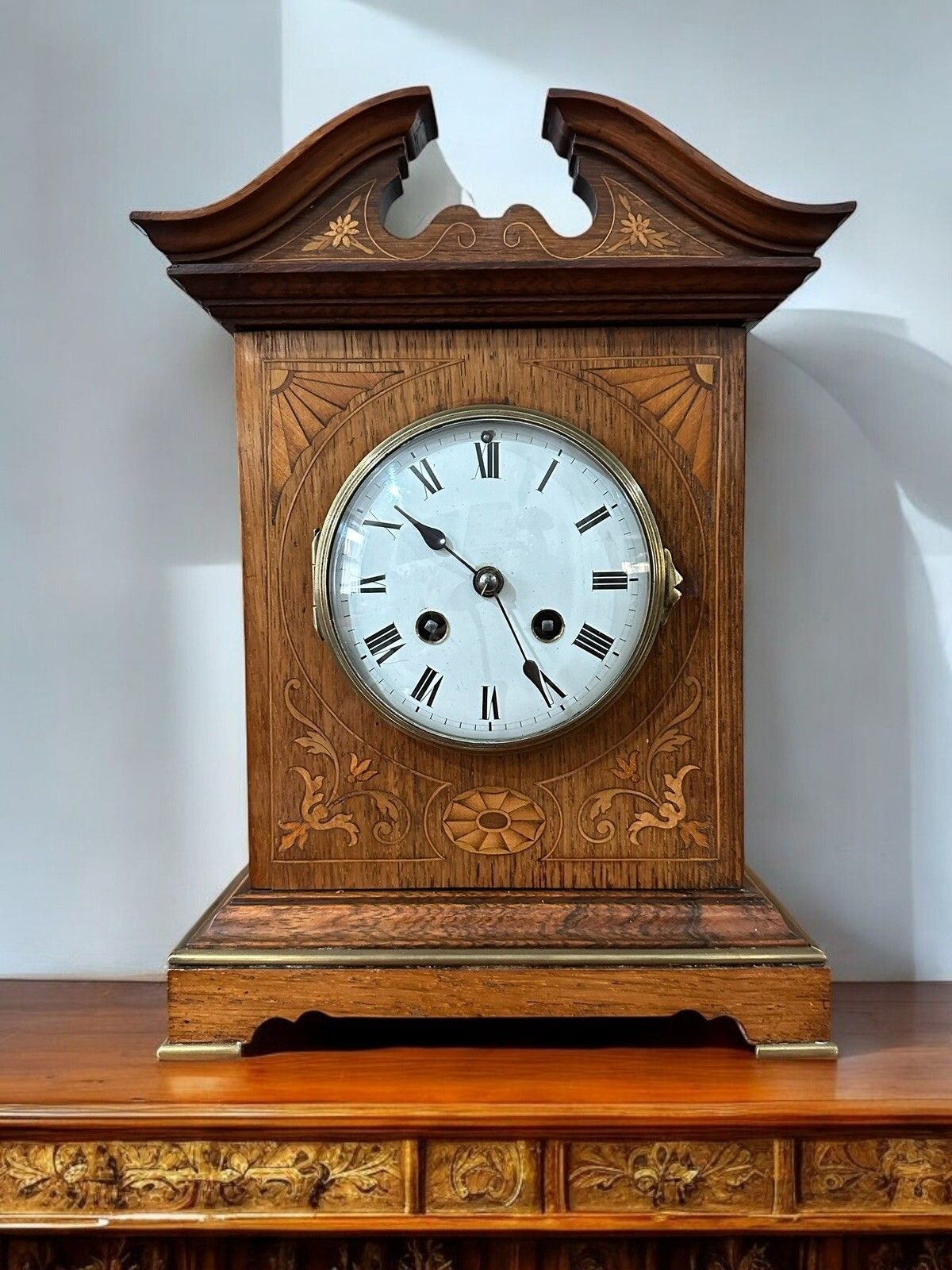 Outstanding Edwardian Inlaid Marquetry French Mantel Clock, Samuel Marti, Paris