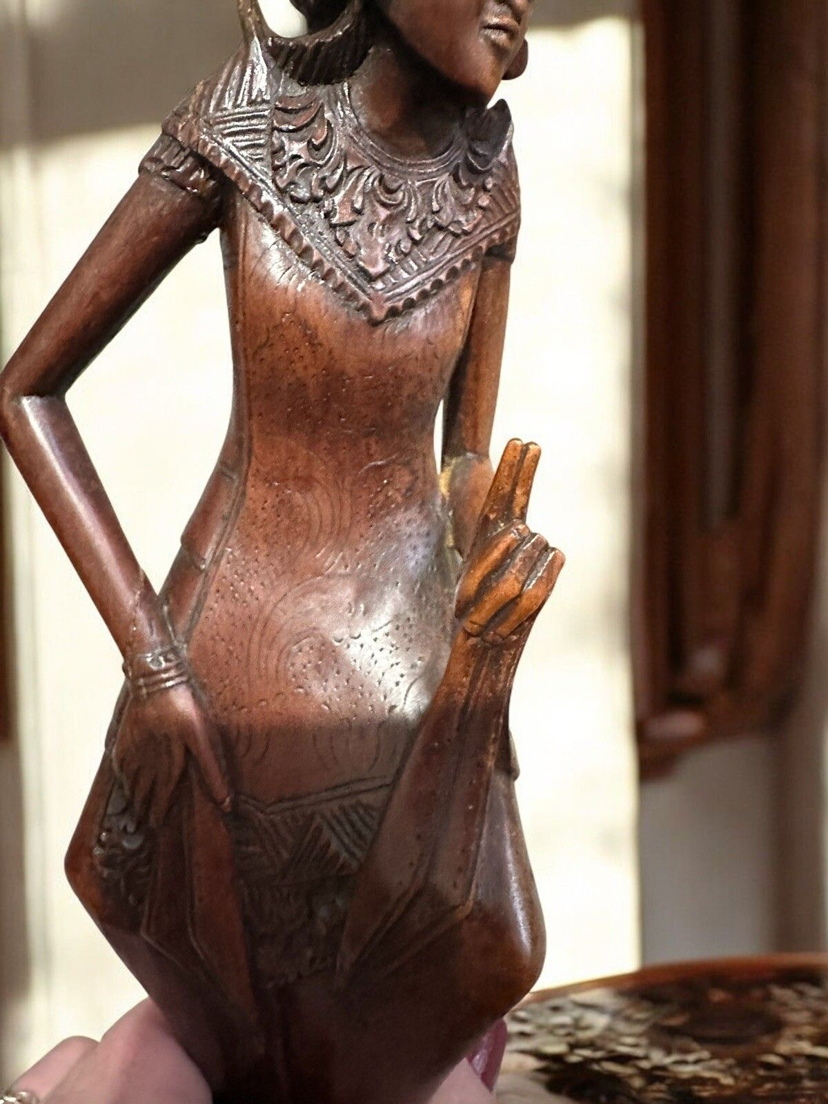Antique Hand Carved Wooden Goddess Statue, Balinese Art Fine Detail 12” High photo vinterior