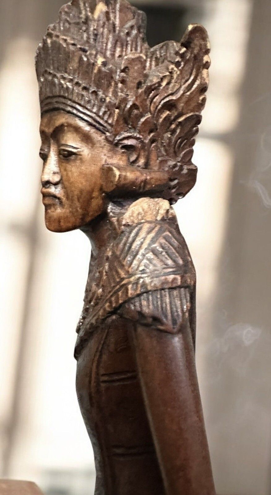 photo furniture Antique Hand Carved Wooden Goddess Statue, Balinese Art Fine Detail 12” High