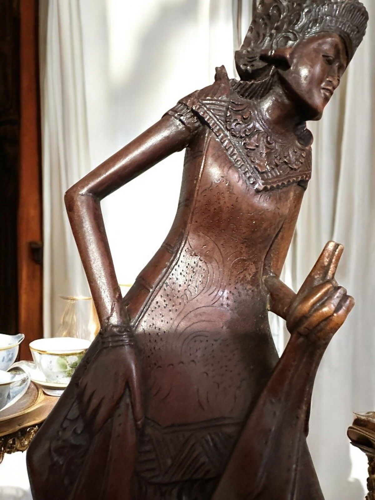 photo for sale Antique Hand Carved Wooden Goddess Statue, Balinese Art Fine Detail 12” High