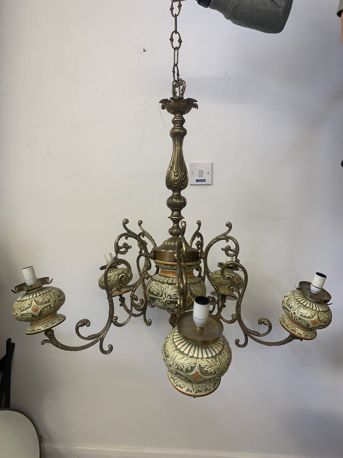 Antique European Outstanding Large Five Arm Brass Rococo Chandelier photo Lighting