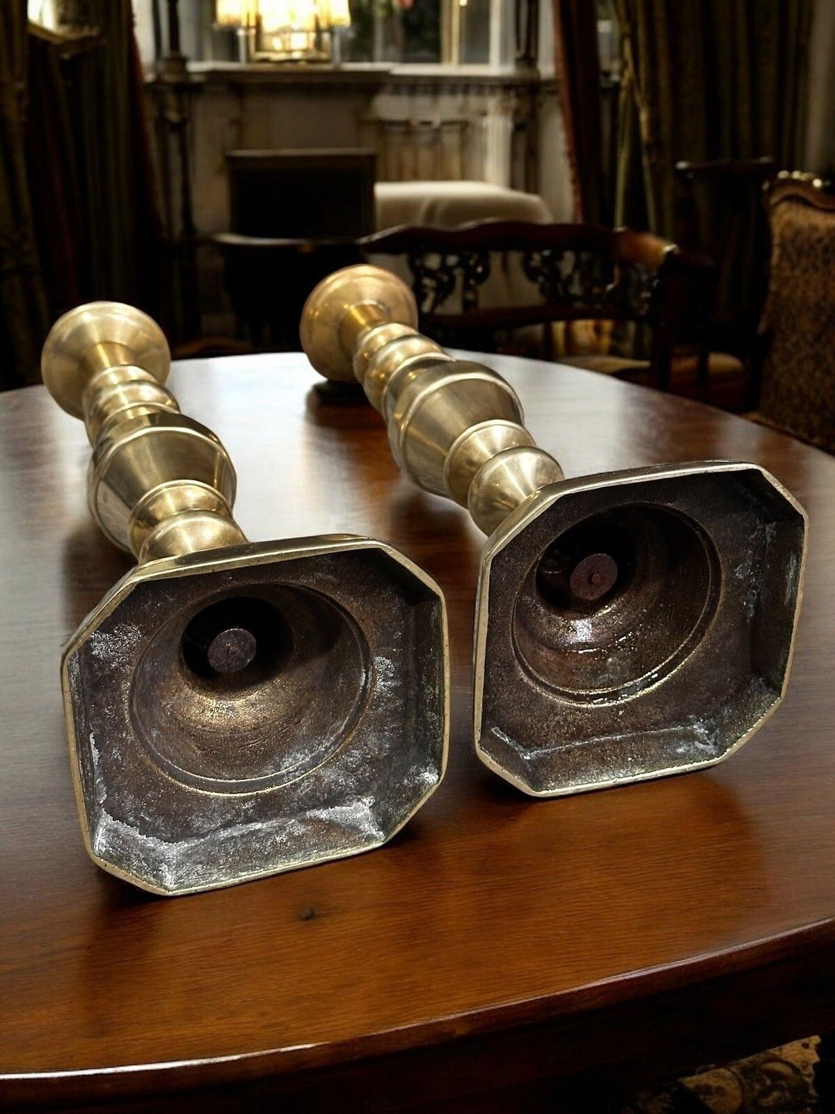 Pair Of Tall Edwardian 1901" Brass Candlesticks With Pushers 32cm High photo vintage