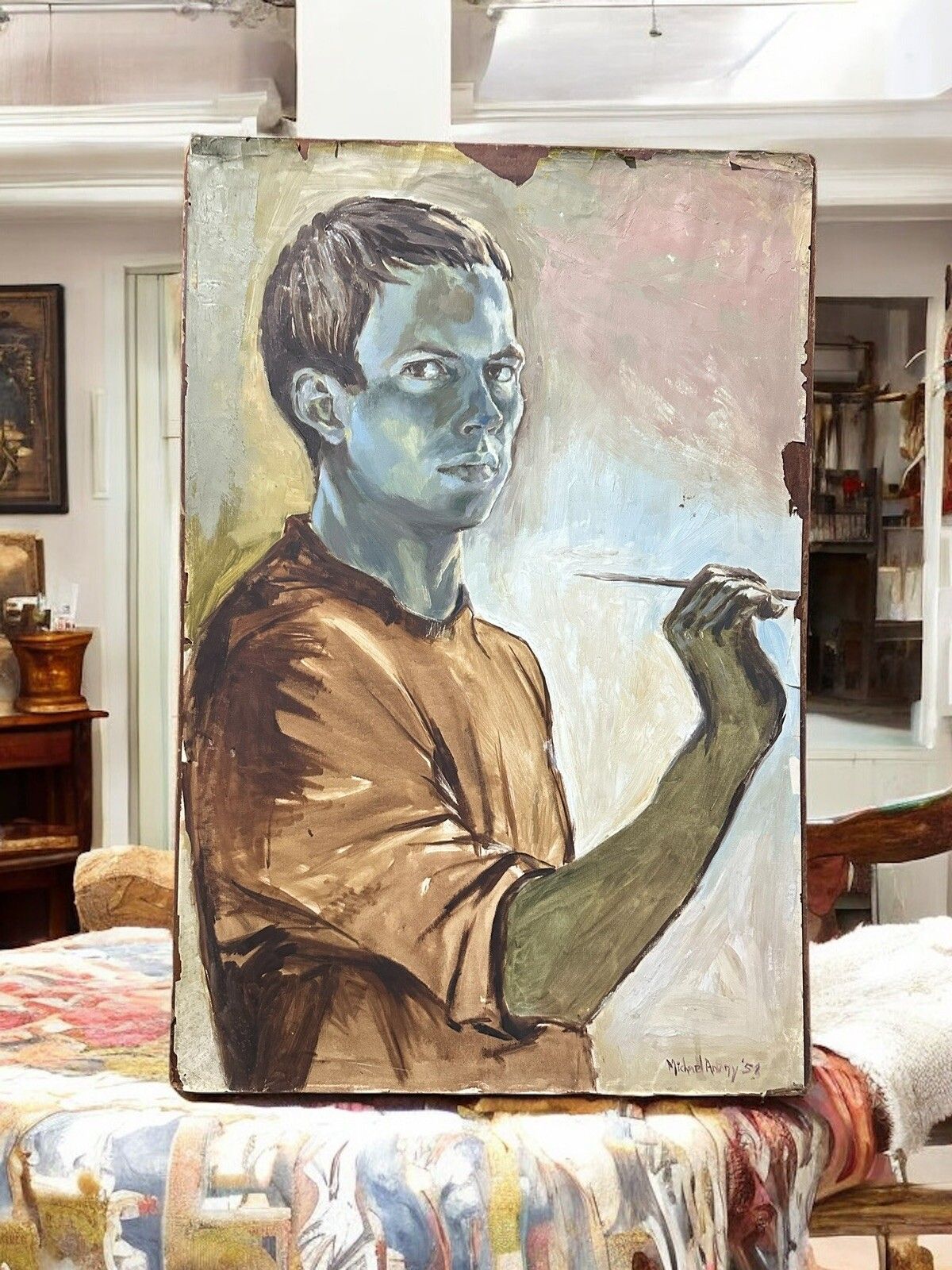 1958 Signed Portrait Painting Of A Artist At Work 67cm By 52cm photo furniture