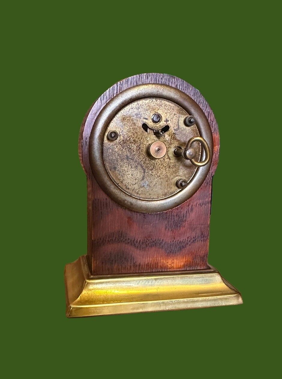 Antique 19th Century Brass And Wooden Miniature Mantle Clock photo for sale