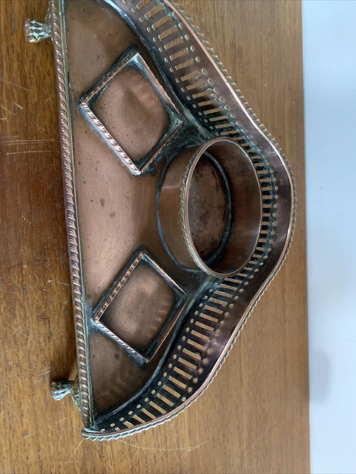 Stunning Copper Art Nouveau Inkwell Desk Stand Footed photo vinterior